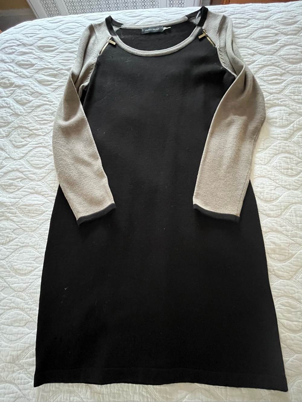 Ivanka Trump Black Dress with Beige Sleeves and Gold Accents size M